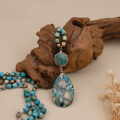 Bohemian-style Natural Stone Blue Teardrop Knotted Necklace