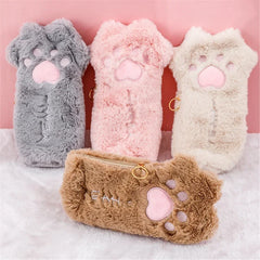 Cute Cat Paw Plush Pencil Bag Kawaii Stationery Pen Organizer Large Capacity