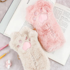 Cute Cat Paw Plush Pencil Bag Kawaii Stationery Pen Organizer Large Capacity